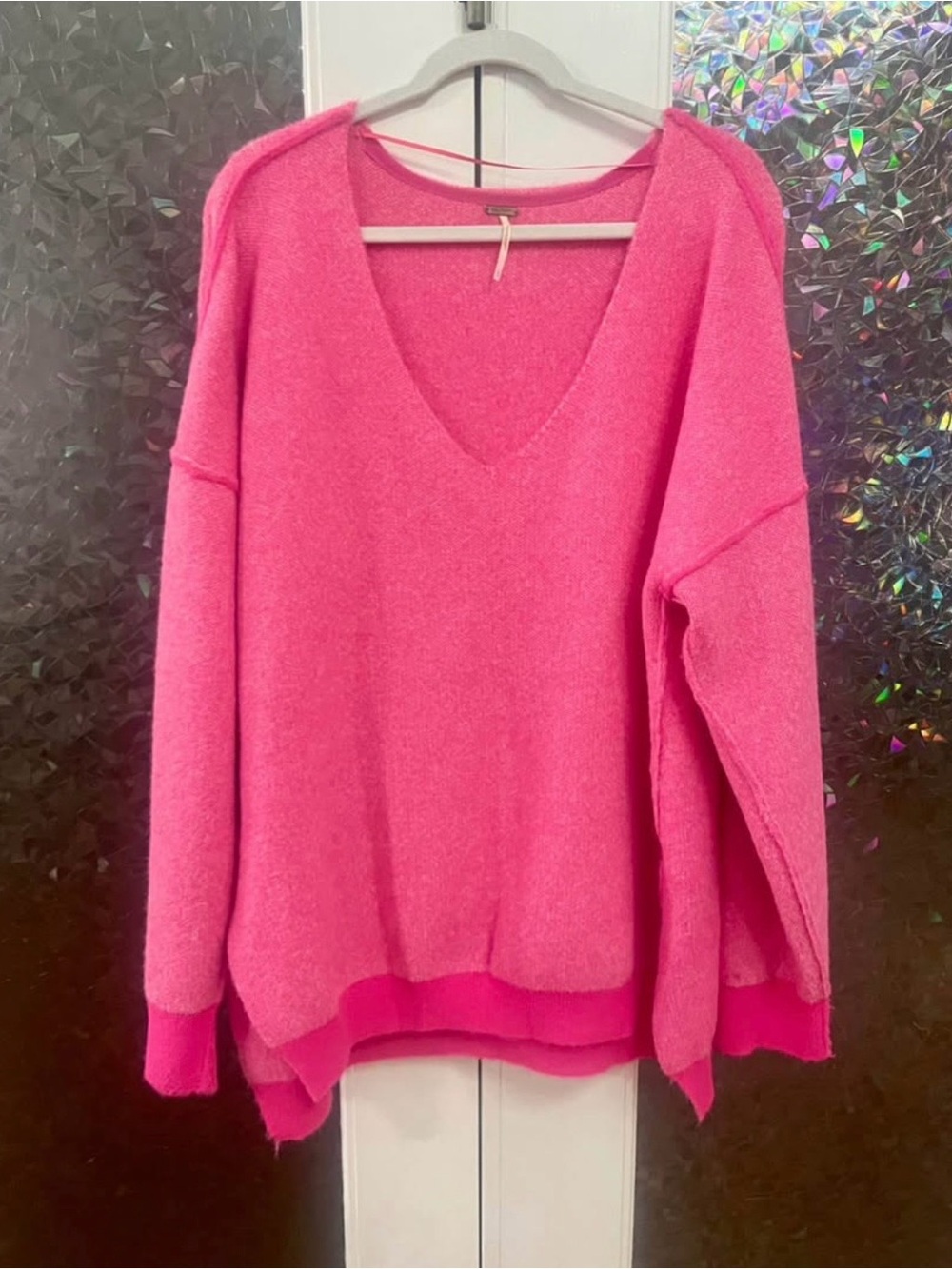 Free People Bright Pink V-Neck Oversized Sweater